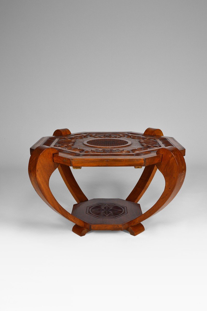 Coffee Table / Pedestal Table, Solid Exotic Carved Wood, Colonial Art Deco, Circa 1930