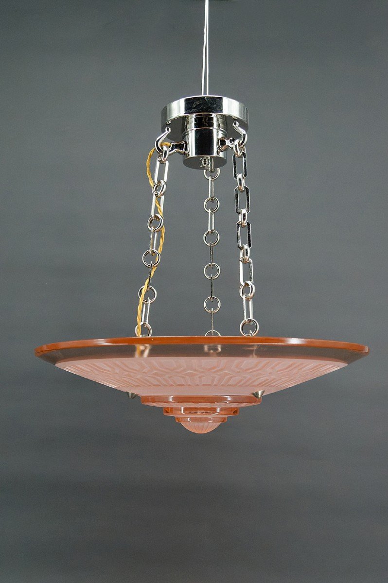 Lustre / Suspension Art Déco Moderniste, Verre Rose Et Bronze Chromé, Henri Petitot, Vers 1935-photo-2