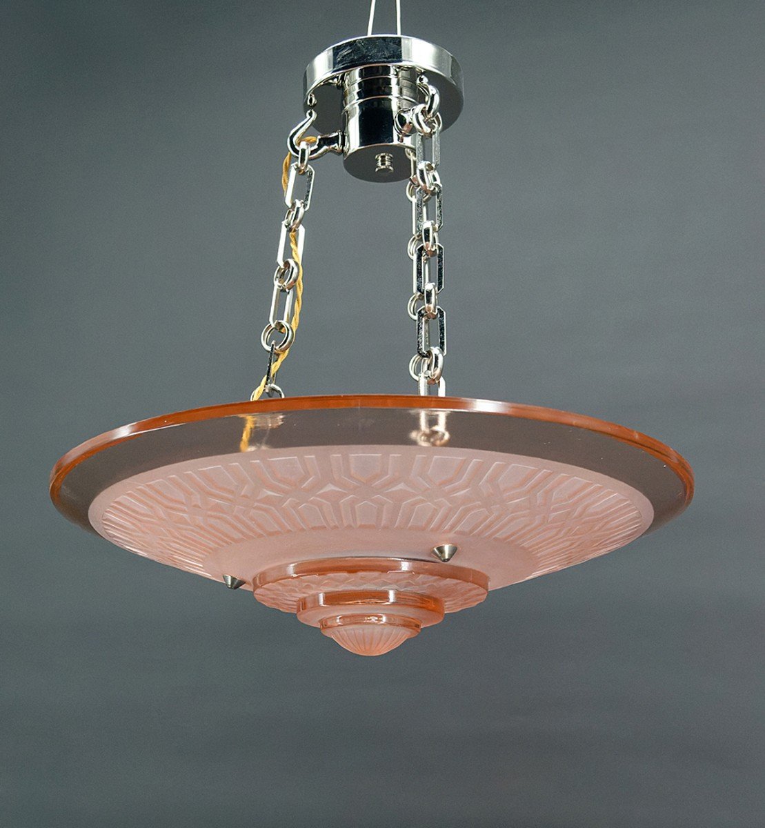 Lustre / Suspension Art Déco Moderniste, Verre Rose Et Bronze Chromé, Henri Petitot, Vers 1935-photo-3