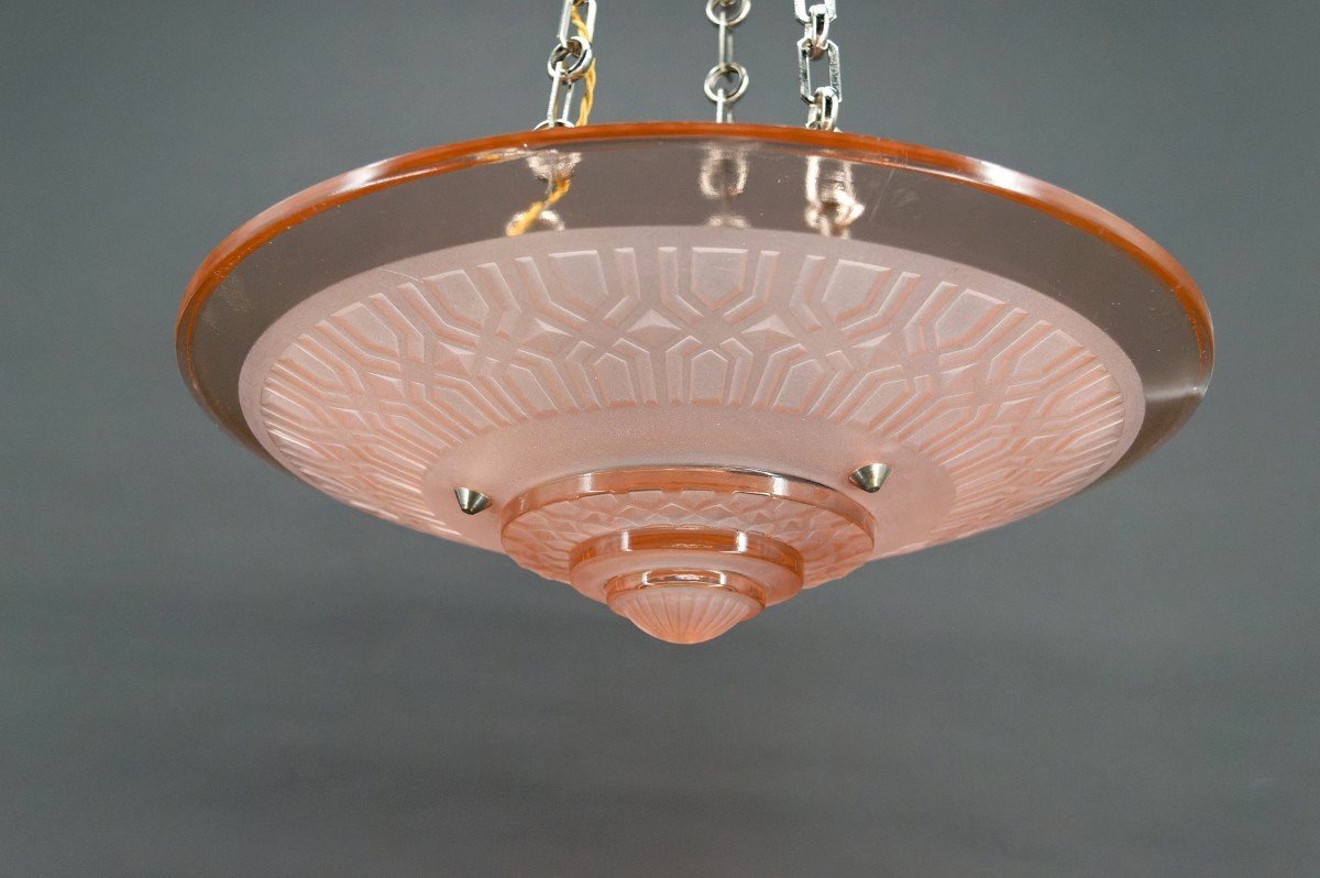 Lustre / Suspension Art Déco Moderniste, Verre Rose Et Bronze Chromé, Henri Petitot, Vers 1935-photo-4