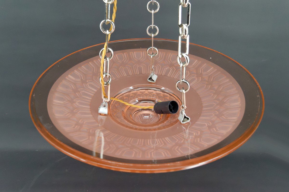 Lustre / Suspension Art Déco Moderniste, Verre Rose Et Bronze Chromé, Henri Petitot, Vers 1935-photo-2
