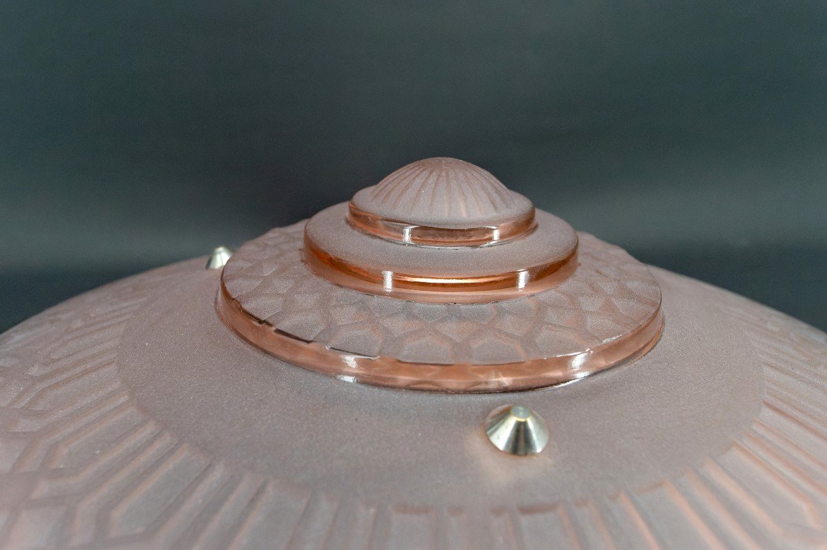 Lustre / Suspension Art Déco Moderniste, Verre Rose Et Bronze Chromé, Henri Petitot, Vers 1935-photo-5