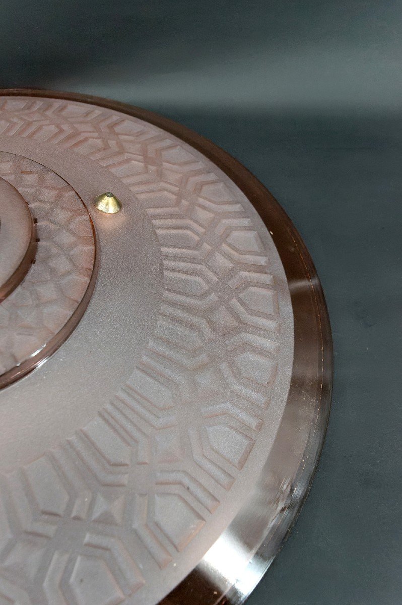 Lustre / Suspension Art Déco Moderniste, Verre Rose Et Bronze Chromé, Henri Petitot, Vers 1935-photo-7