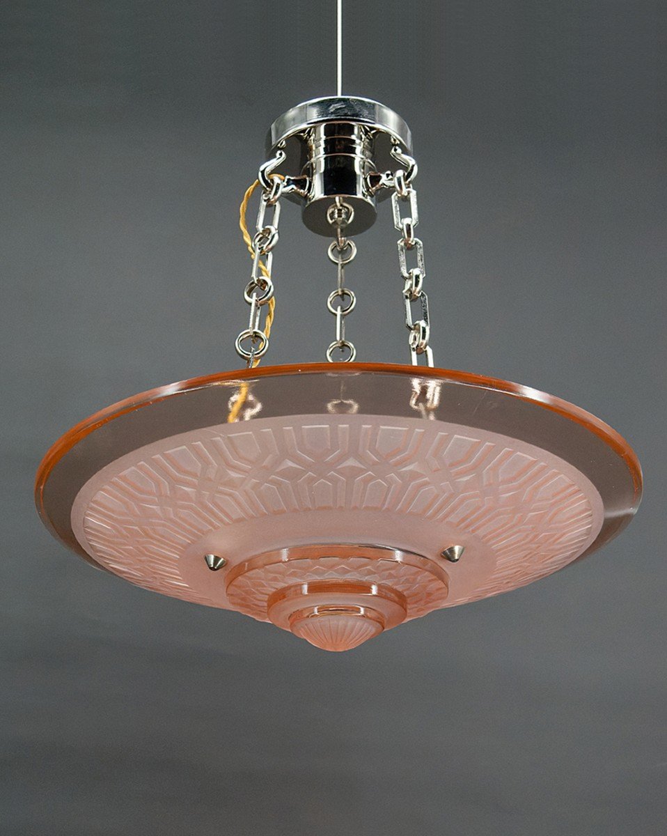 Lustre / Suspension Art Déco Moderniste, Verre Rose Et Bronze Chromé, Henri Petitot, Vers 1935