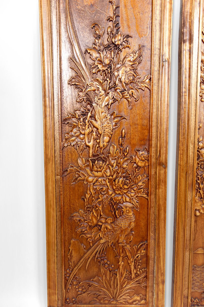 3 Panneaux En Bois Sculpté, Décors Floraux Et Animaliers, Indochine / Vietnam, Début XXe-photo-2