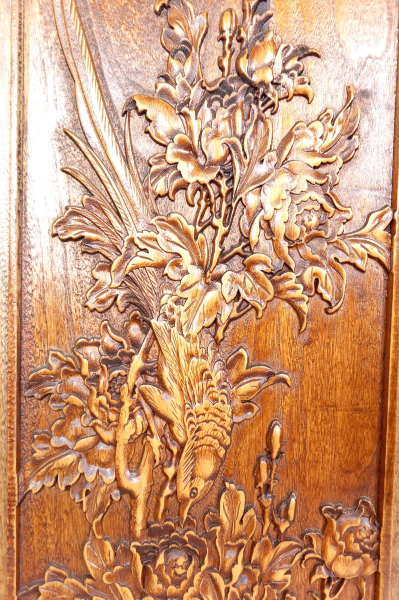 3 Panneaux En Bois Sculpté, Décors Floraux Et Animaliers, Indochine / Vietnam, Début XXe-photo-3