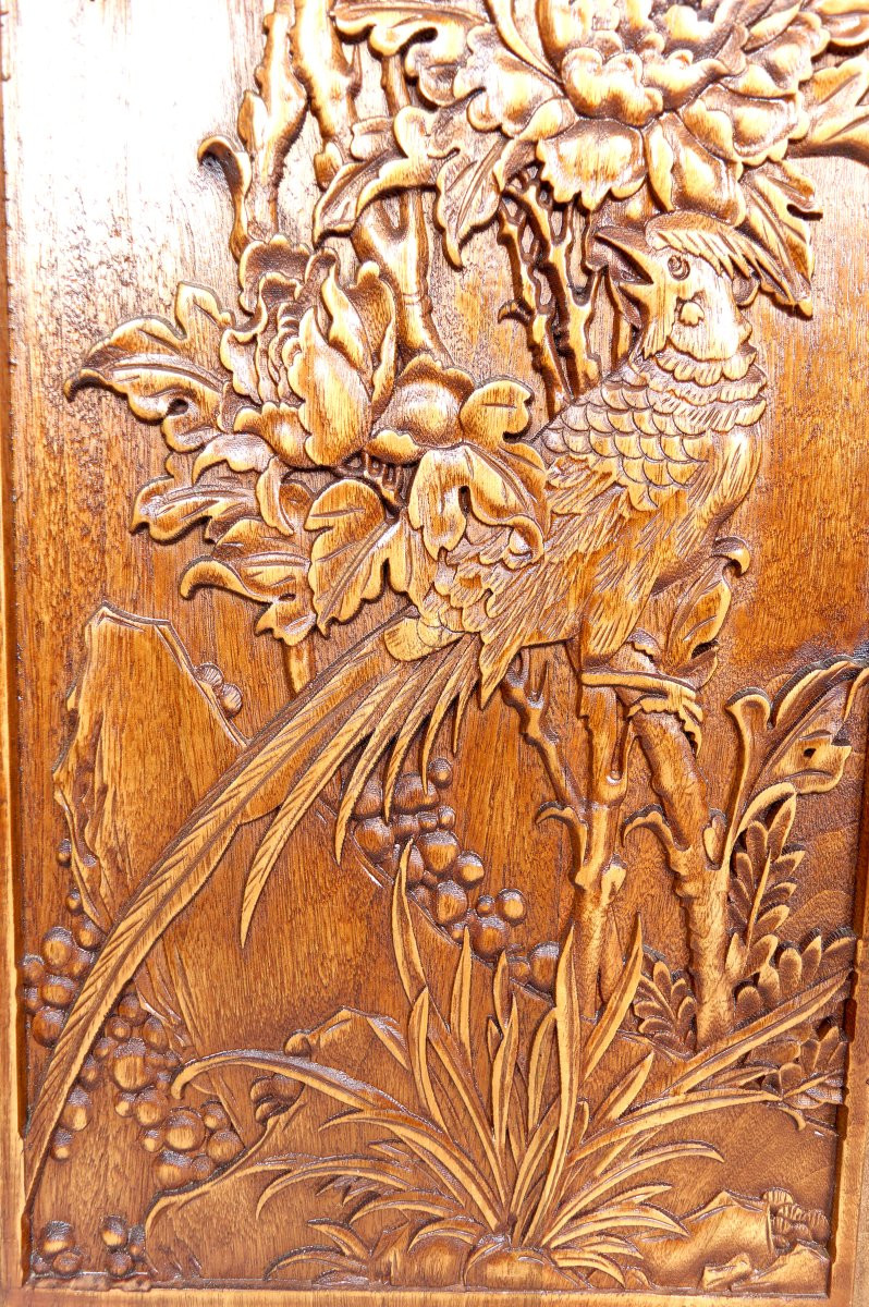 3 Panneaux En Bois Sculpté, Décors Floraux Et Animaliers, Indochine / Vietnam, Début XXe-photo-1