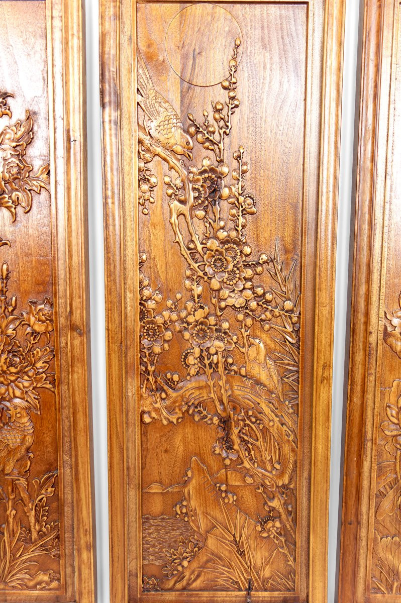 3 Panneaux En Bois Sculpté, Décors Floraux Et Animaliers, Indochine / Vietnam, Début XXe-photo-2