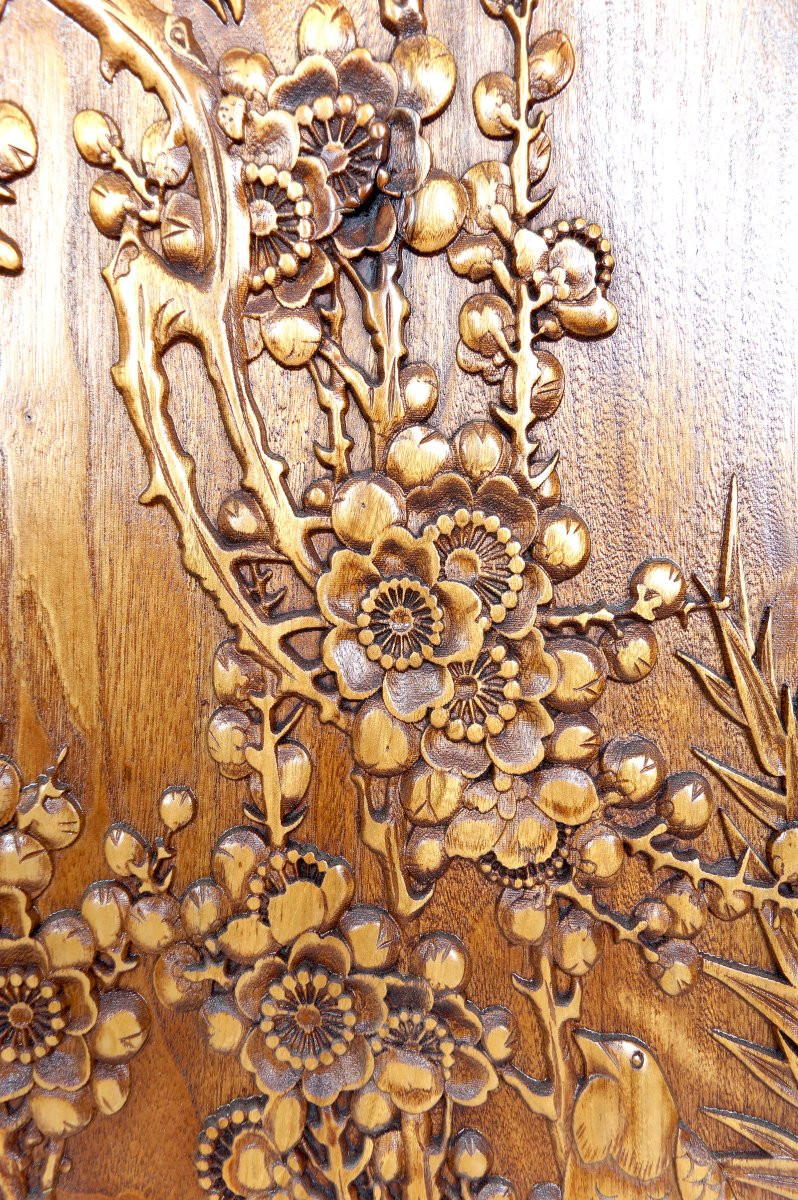3 Panneaux En Bois Sculpté, Décors Floraux Et Animaliers, Indochine / Vietnam, Début XXe-photo-4