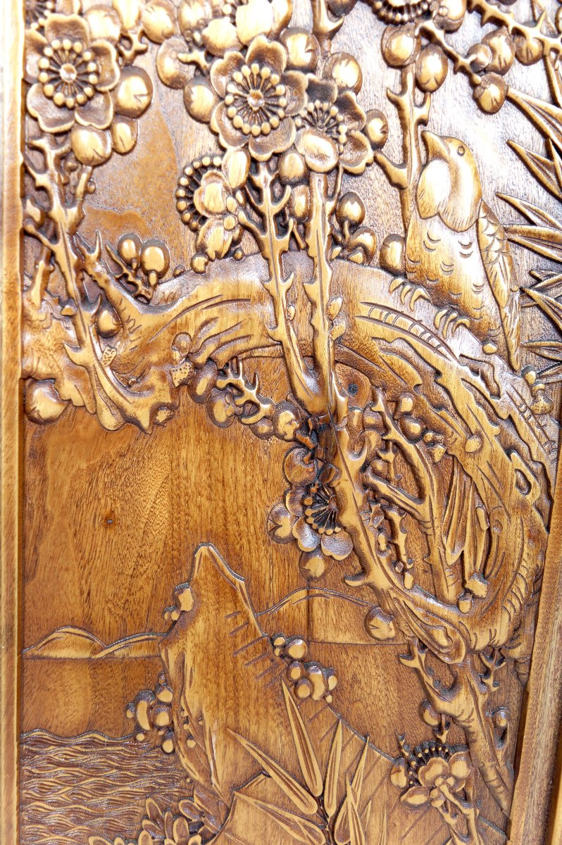 3 Panneaux En Bois Sculpté, Décors Floraux Et Animaliers, Indochine / Vietnam, Début XXe-photo-5