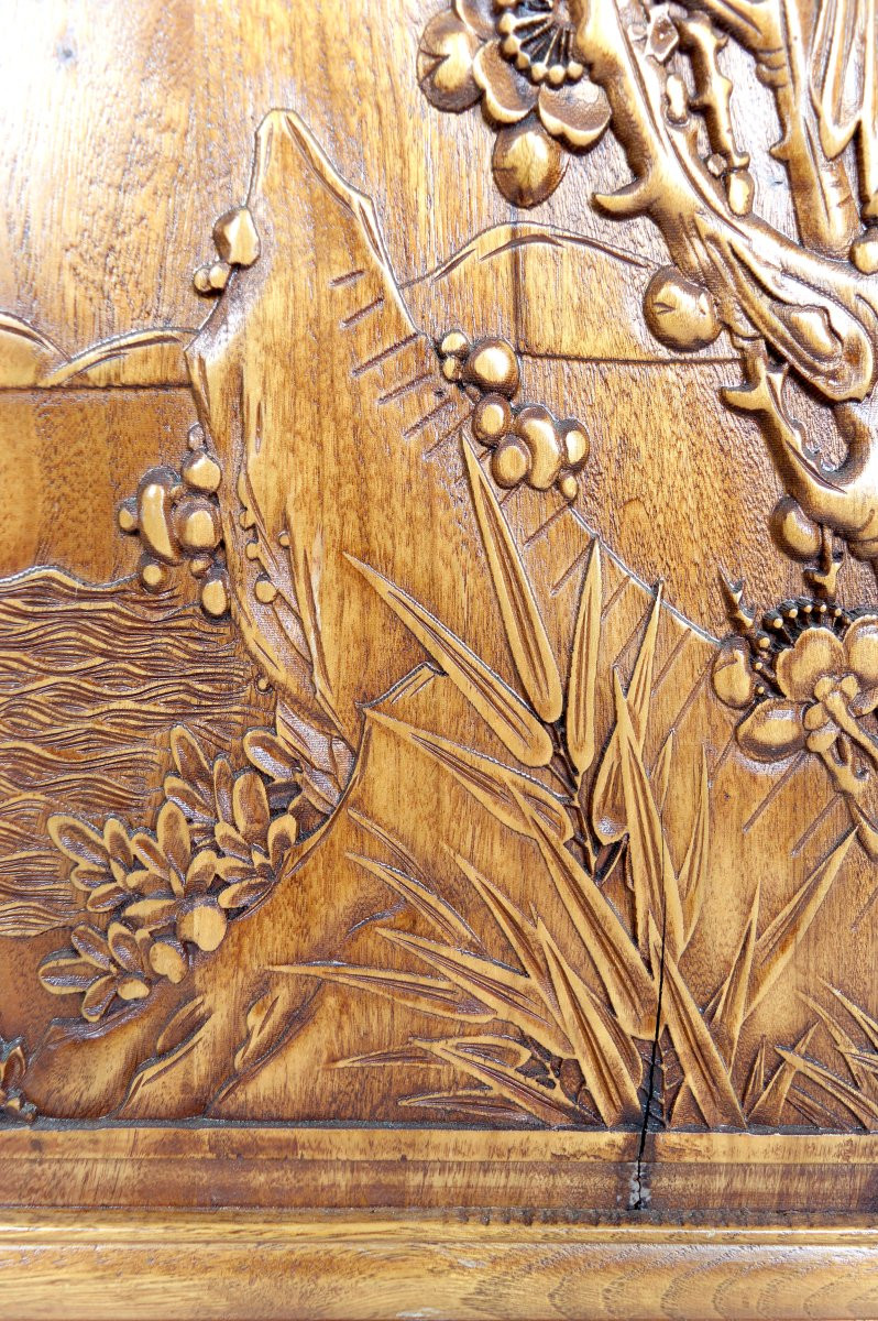 3 Panneaux En Bois Sculpté, Décors Floraux Et Animaliers, Indochine / Vietnam, Début XXe-photo-6