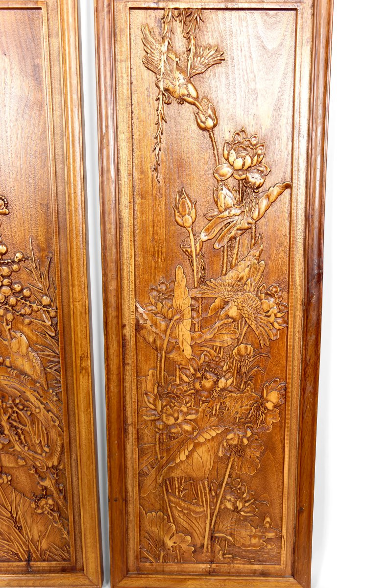 3 Panneaux En Bois Sculpté, Décors Floraux Et Animaliers, Indochine / Vietnam, Début XXe-photo-7