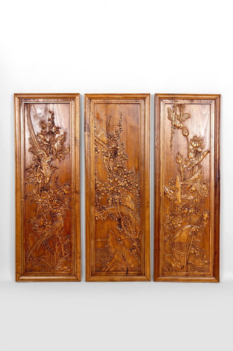 3 Panneaux En Bois Sculpté, Décors Floraux Et Animaliers, Indochine / Vietnam, Début XXe
