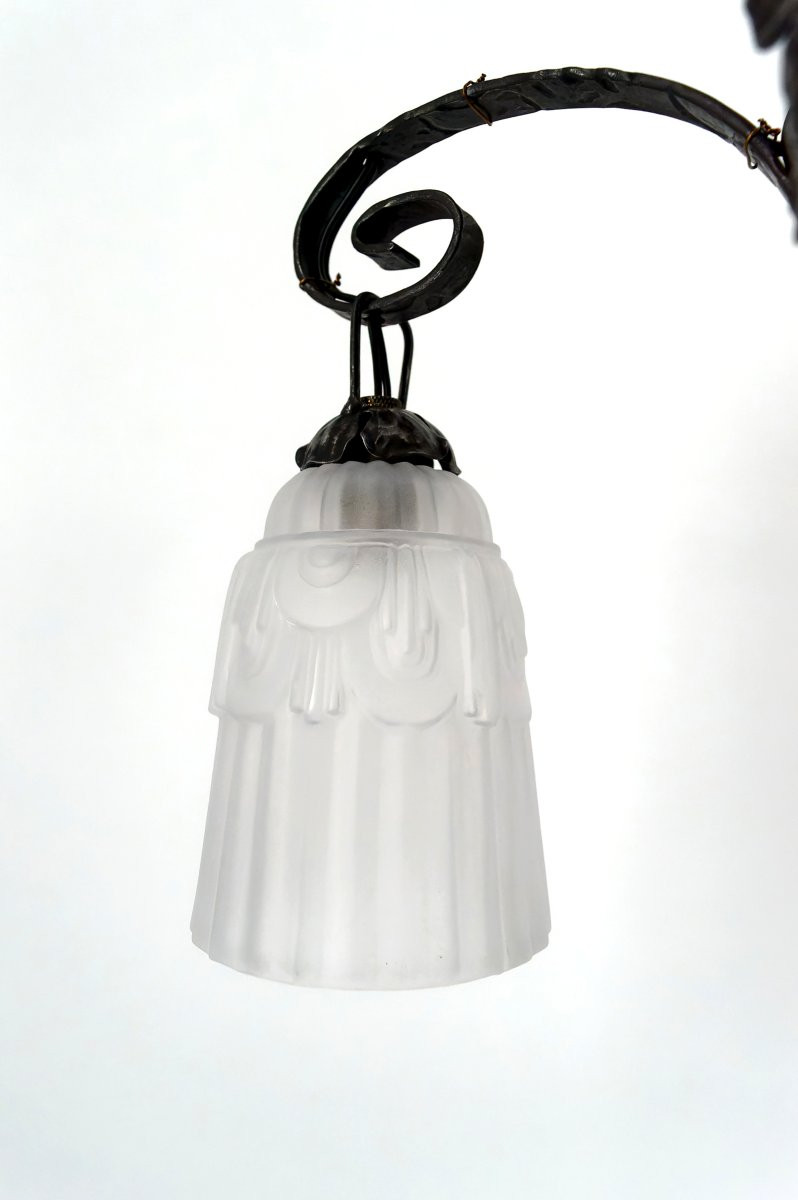 Important Wrought Iron Chandelier With Tulips And Pressed-molded Glass Bowl, Art Deco, France, 1930-photo-6