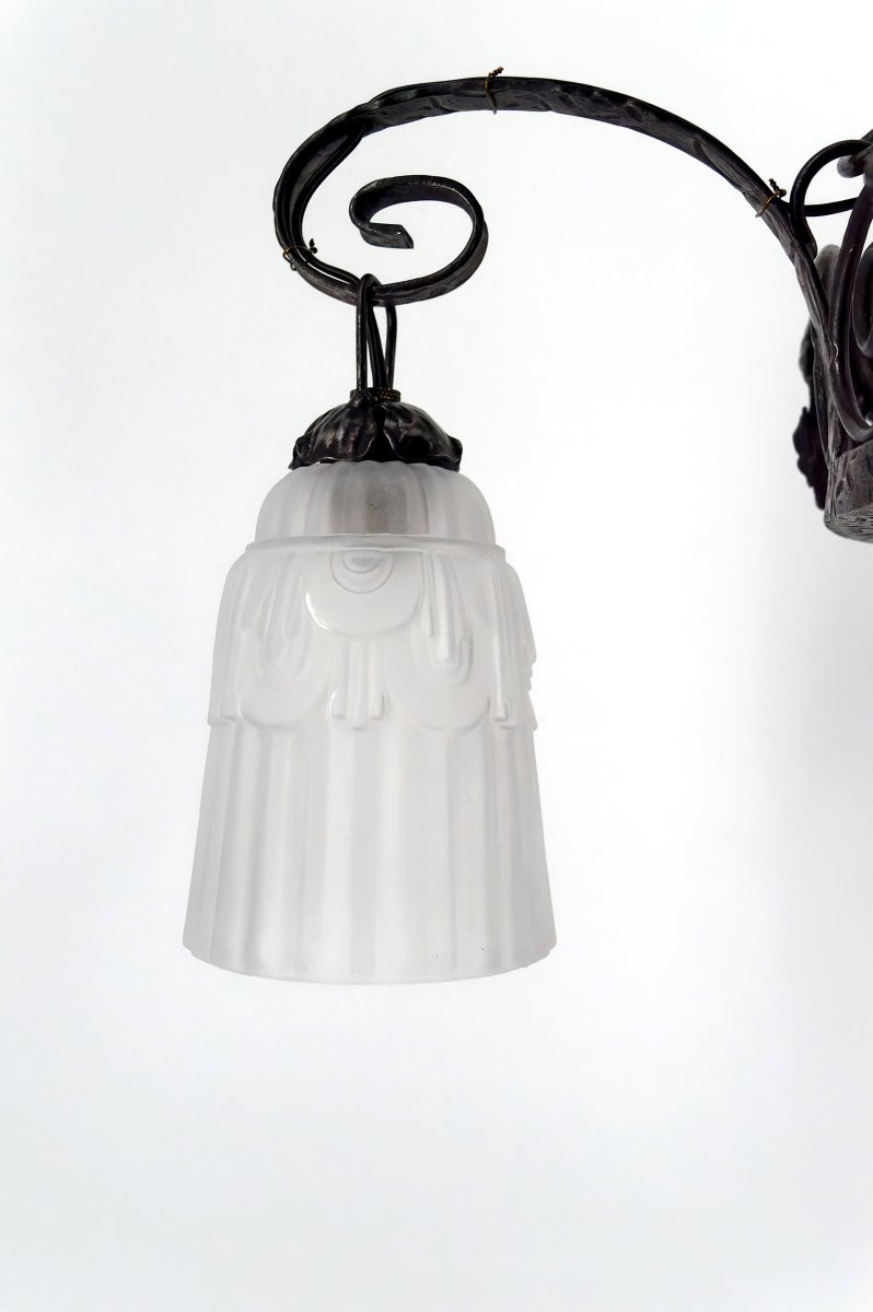 Important Wrought Iron Chandelier With Tulips And Pressed-molded Glass Bowl, Art Deco, France, 1930-photo-8