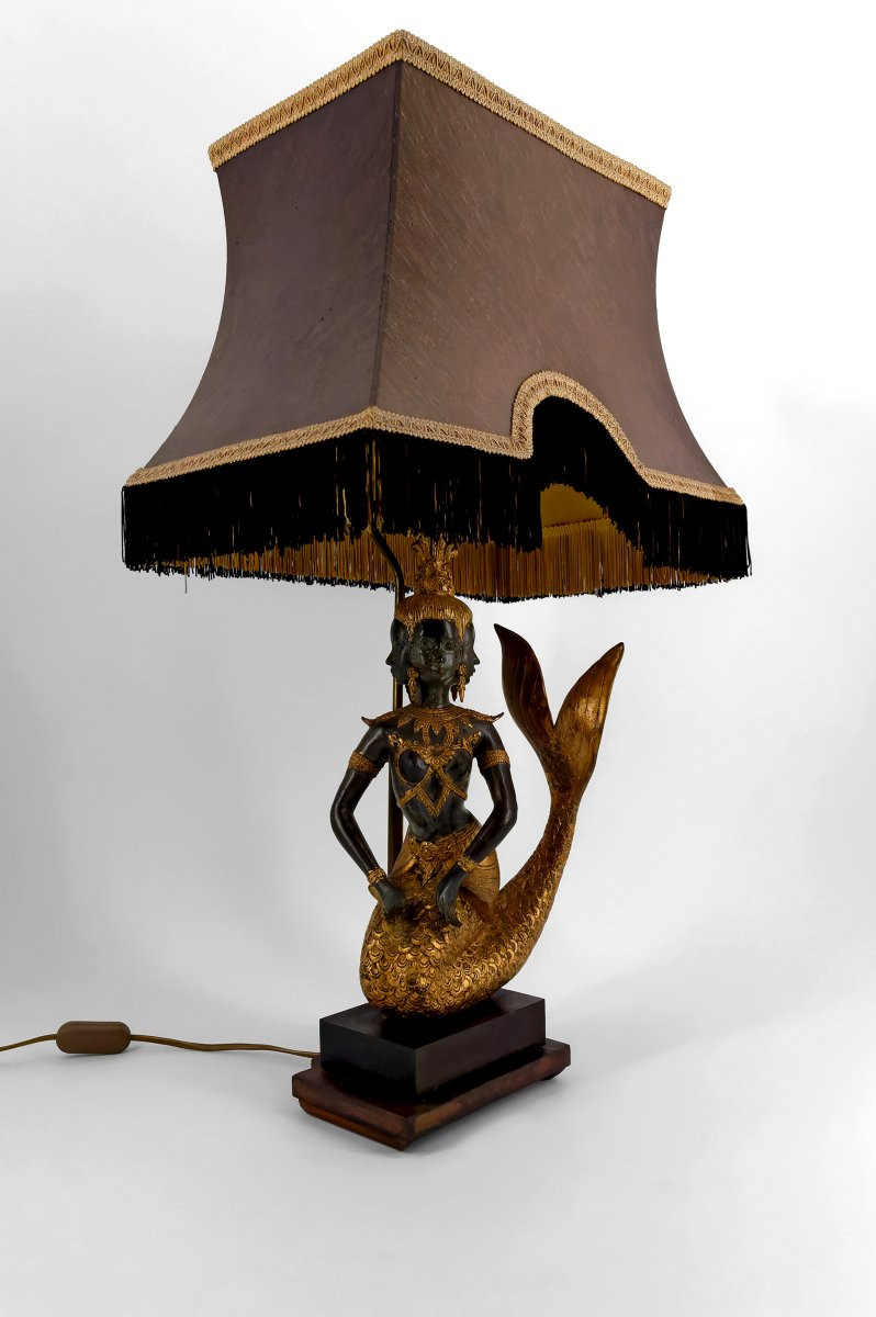 Lampe Sculpturale En Bronze, Double Patine Verte Et Dorée, Princesse Sirène Suvannamaccha, XXe-photo-2
