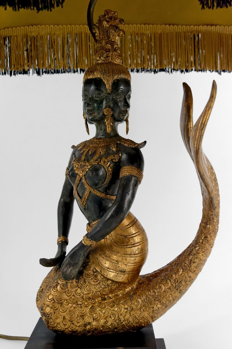 Lampe Sculpturale En Bronze, Double Patine Verte Et Dorée, Princesse Sirène Suvannamaccha, XXe-photo-3