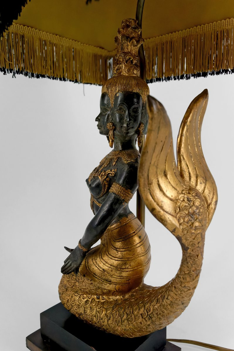 Lampe Sculpturale En Bronze, Double Patine Verte Et Dorée, Princesse Sirène Suvannamaccha, XXe-photo-4