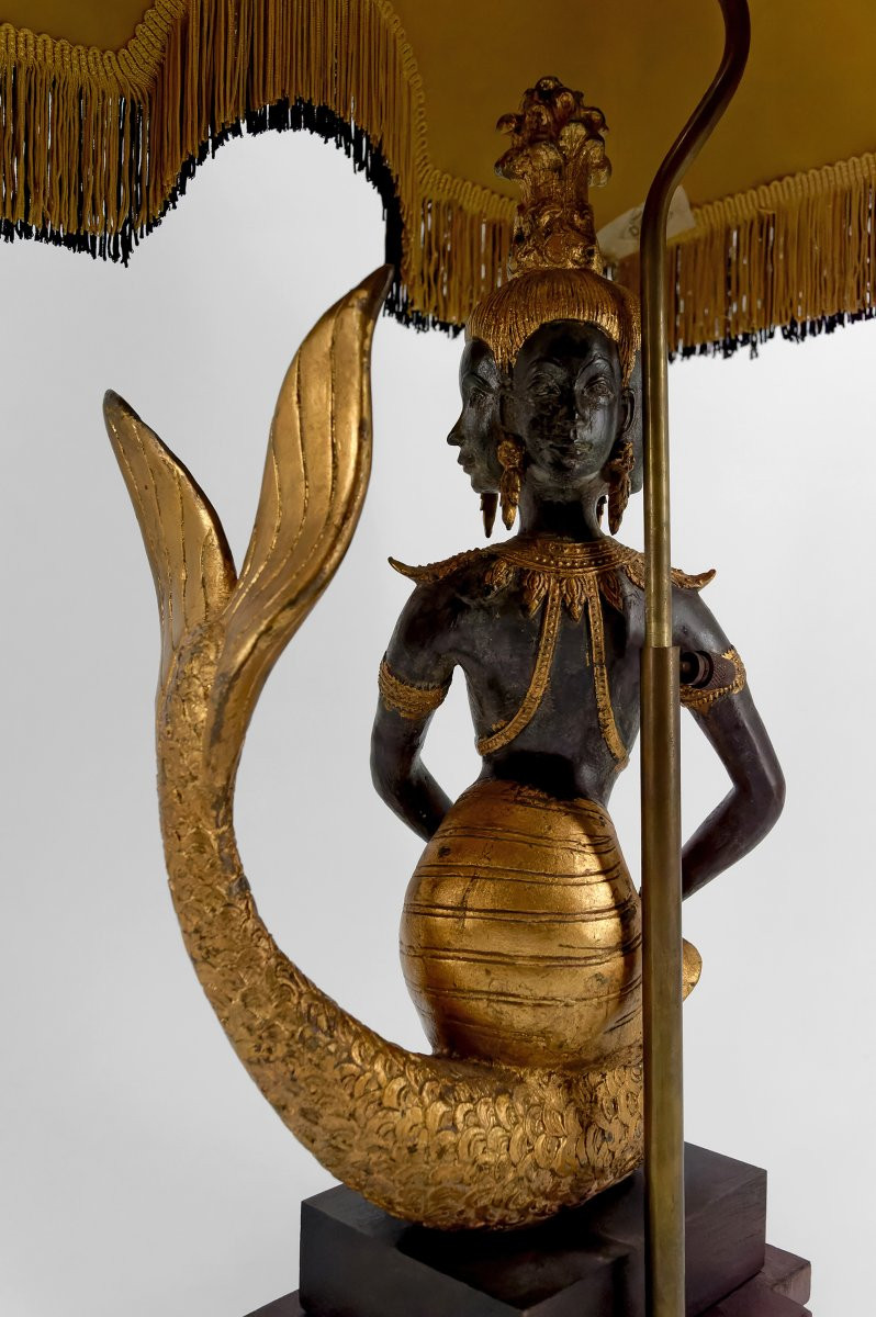 Lampe Sculpturale En Bronze, Double Patine Verte Et Dorée, Princesse Sirène Suvannamaccha, XXe-photo-5