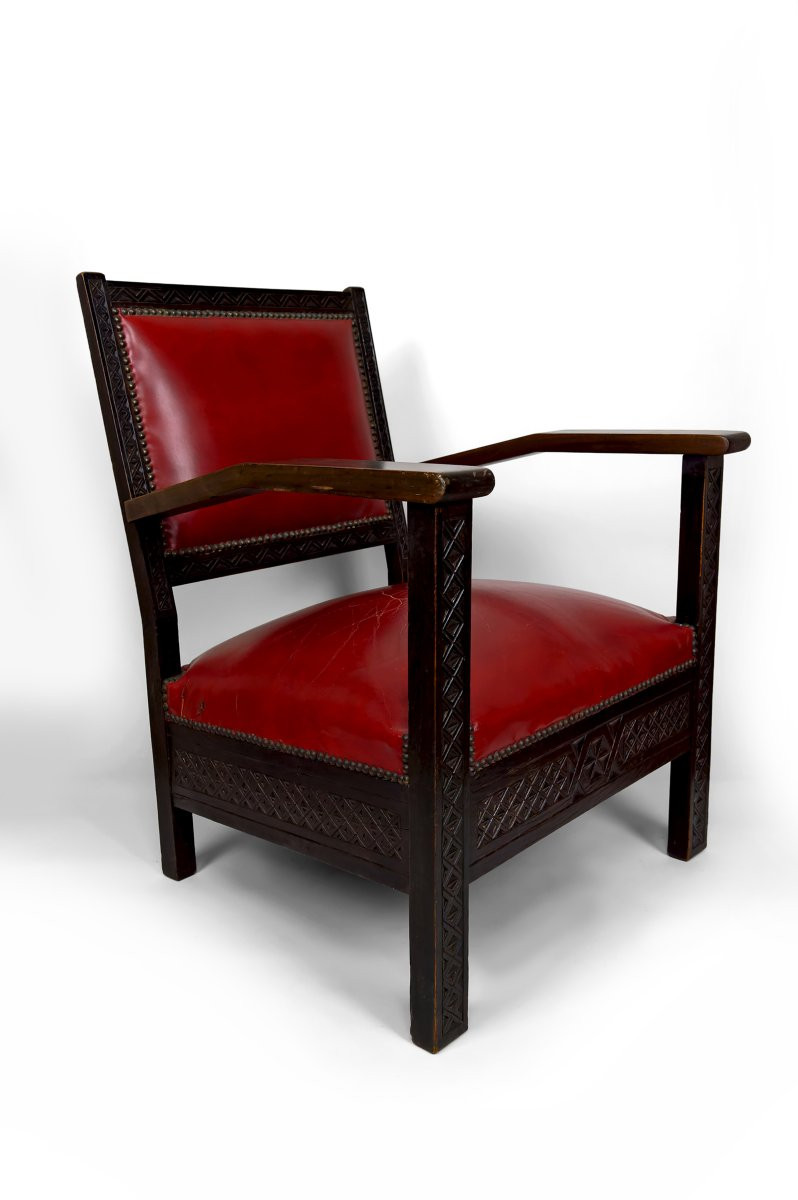 Paire De Fauteuils Art Deco Colonial En Bois Sculpté, Algérie Française, Circa 1930-photo-4