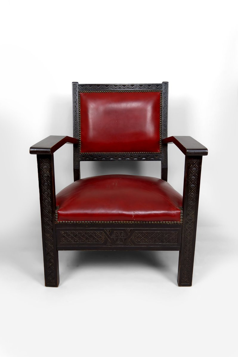 Paire De Fauteuils Art Deco Colonial En Bois Sculpté, Algérie Française, Circa 1930-photo-5