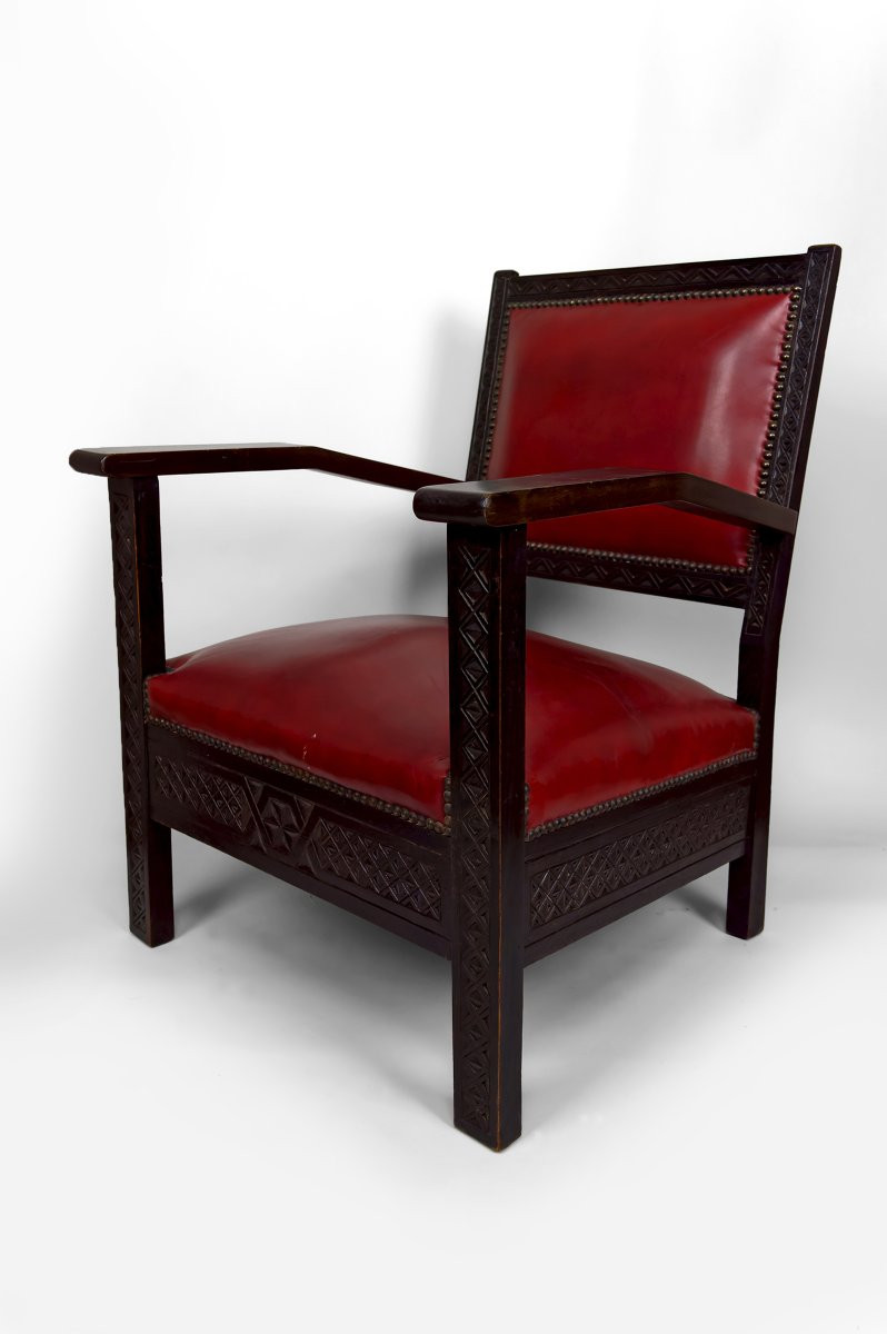 Paire De Fauteuils Art Deco Colonial En Bois Sculpté, Algérie Française, Circa 1930-photo-6