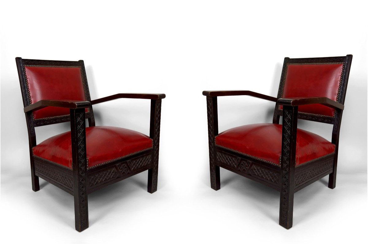 Paire De Fauteuils Art Deco Colonial En Bois Sculpté, Algérie Française, Circa 1930