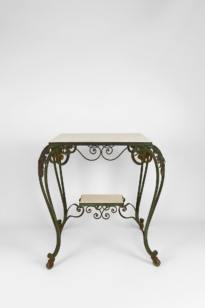 Art Deco Wrought Iron And Travertine Rolling Cart, France, 1940s-photo-2