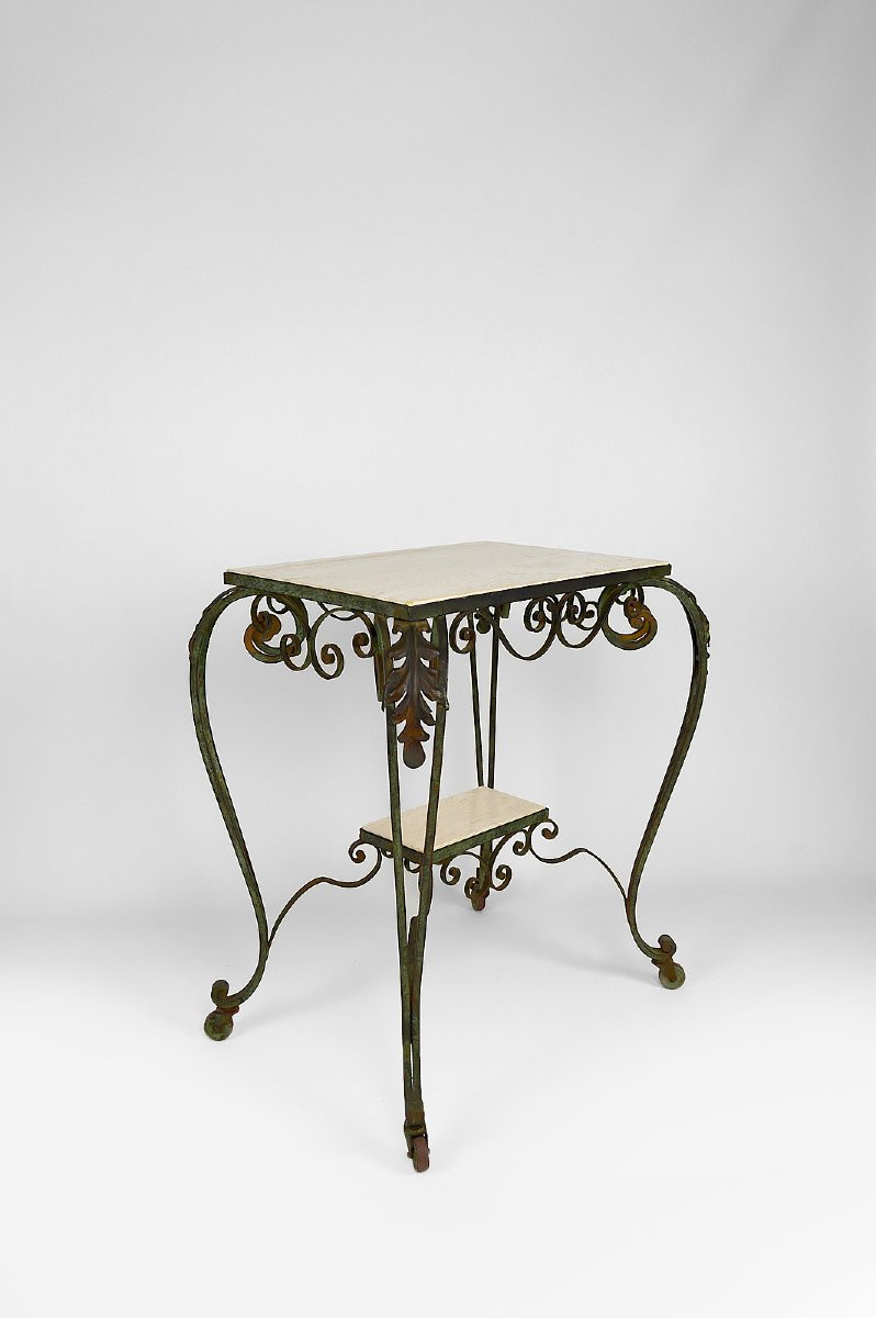 Art Deco Wrought Iron And Travertine Rolling Cart, France, 1940s-photo-5