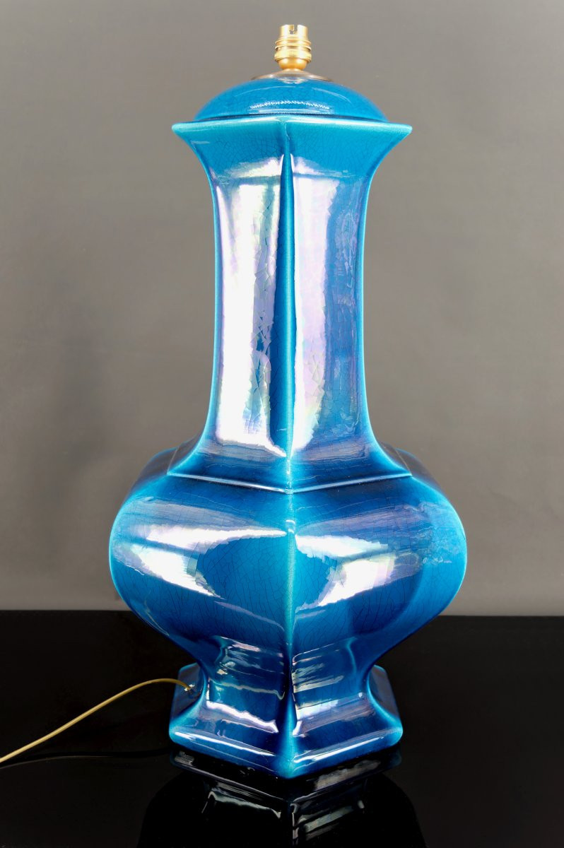 Importante Lampe En Porcelaine à Email Craquelé Bleu, France, Circa 1940-photo-2