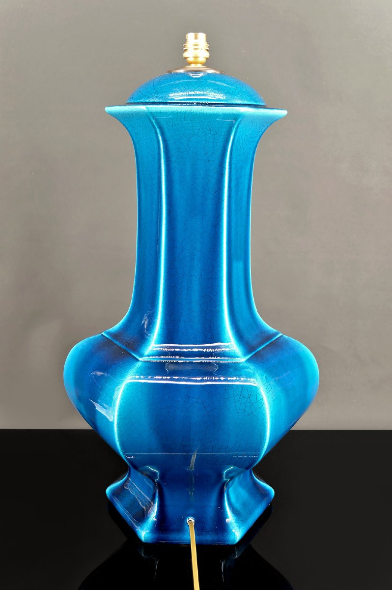 Importante Lampe En Porcelaine à Email Craquelé Bleu, France, Circa 1940-photo-3