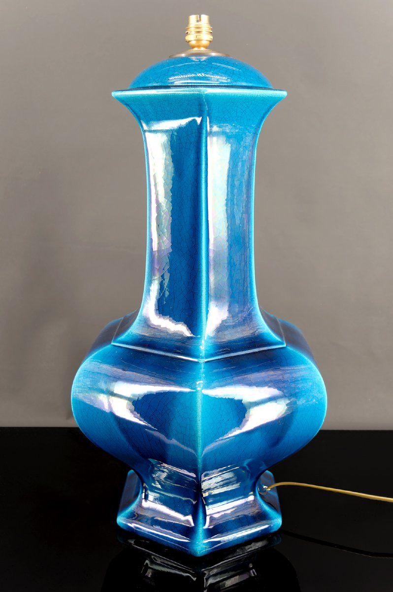Importante Lampe En Porcelaine à Email Craquelé Bleu, France, Circa 1940-photo-4
