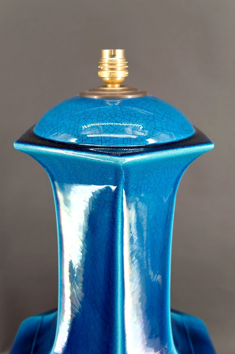 Importante Lampe En Porcelaine à Email Craquelé Bleu, France, Circa 1940-photo-1