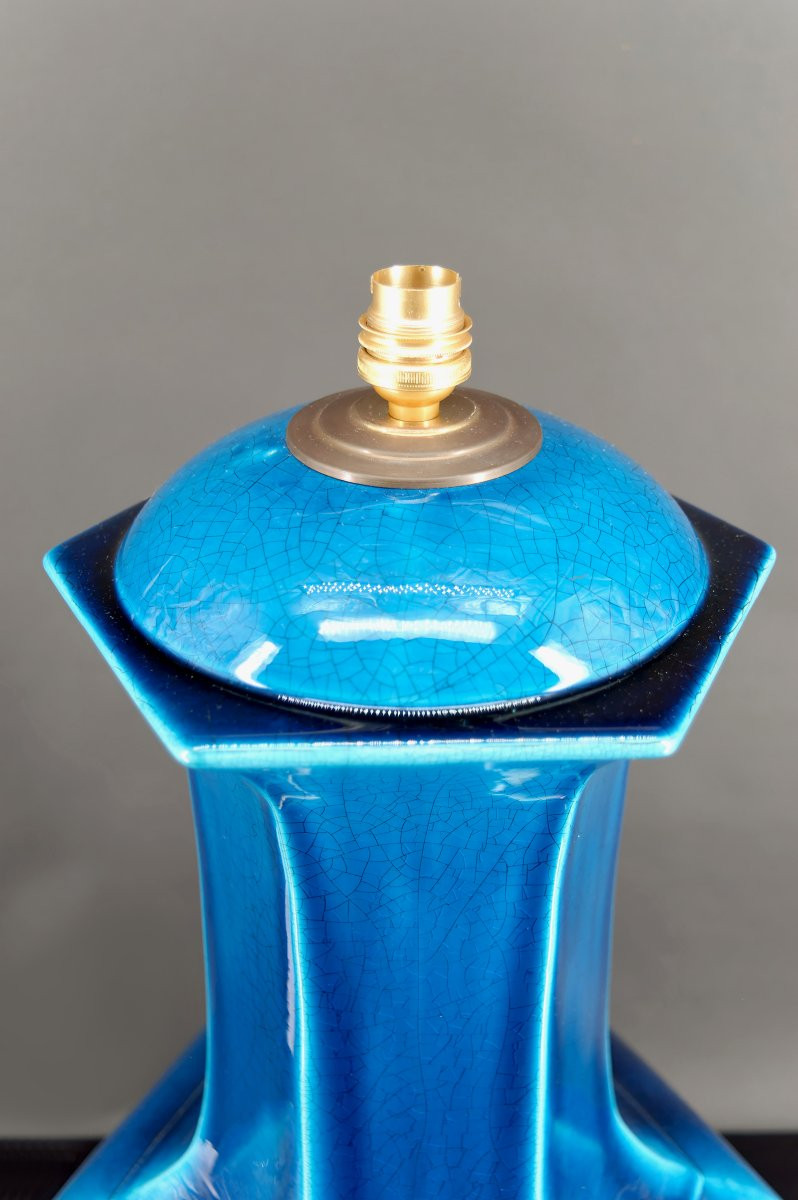 Importante Lampe En Porcelaine à Email Craquelé Bleu, France, Circa 1940-photo-2