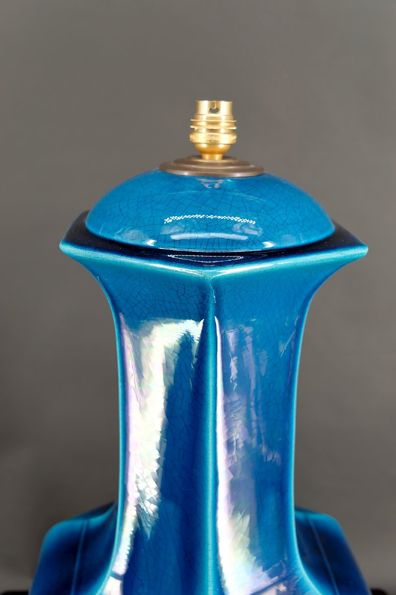 Importante Lampe En Porcelaine à Email Craquelé Bleu, France, Circa 1940-photo-3