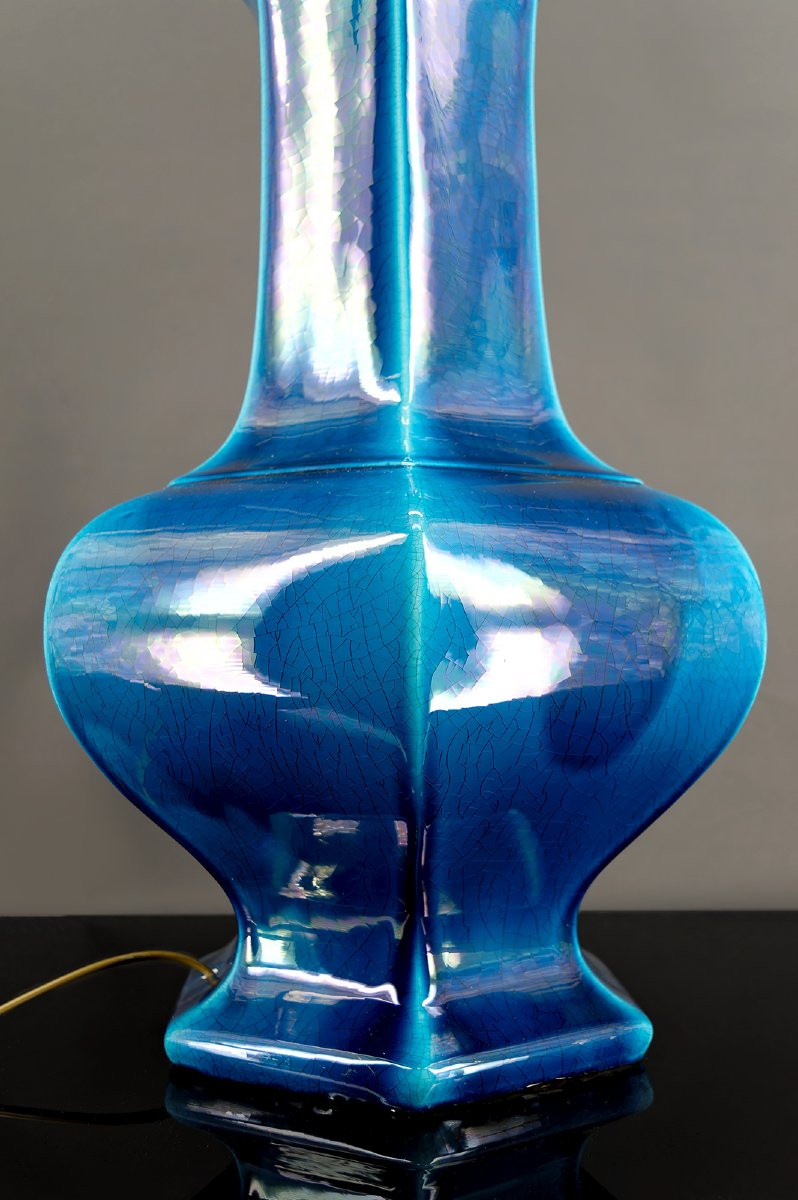 Importante Lampe En Porcelaine à Email Craquelé Bleu, France, Circa 1940-photo-5