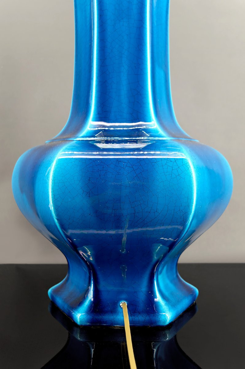 Importante Lampe En Porcelaine à Email Craquelé Bleu, France, Circa 1940-photo-6