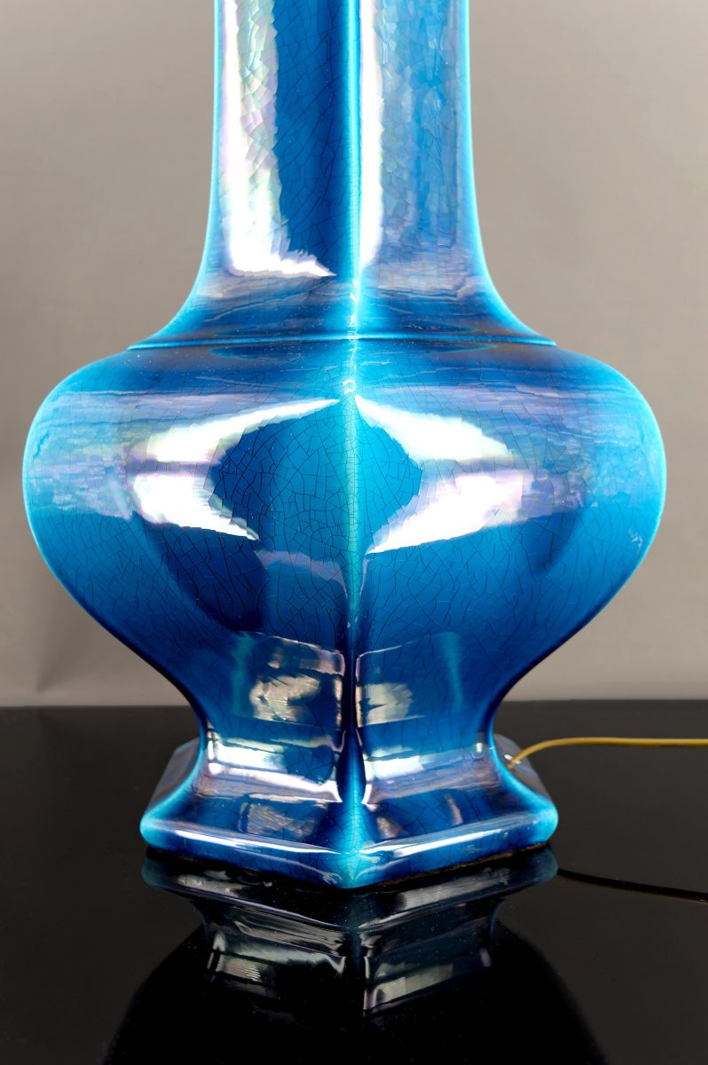 Importante Lampe En Porcelaine à Email Craquelé Bleu, France, Circa 1940-photo-7