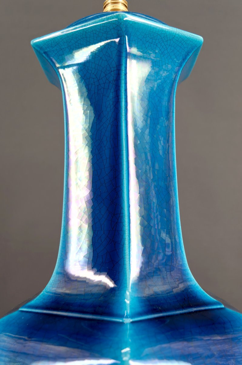 Importante Lampe En Porcelaine à Email Craquelé Bleu, France, Circa 1940-photo-8