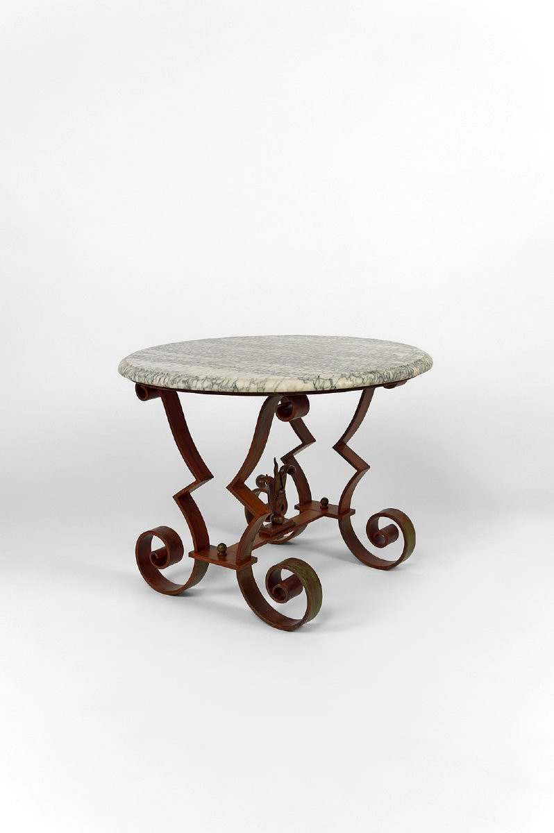 Round Pedestal Table / Art Deco Coffee Table In Marble And Wrought Iron, Circa 1940-photo-2