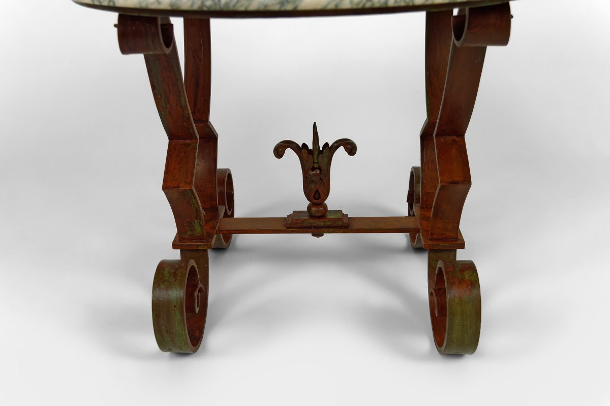 Round Pedestal Table / Art Deco Coffee Table In Marble And Wrought Iron, Circa 1940-photo-4