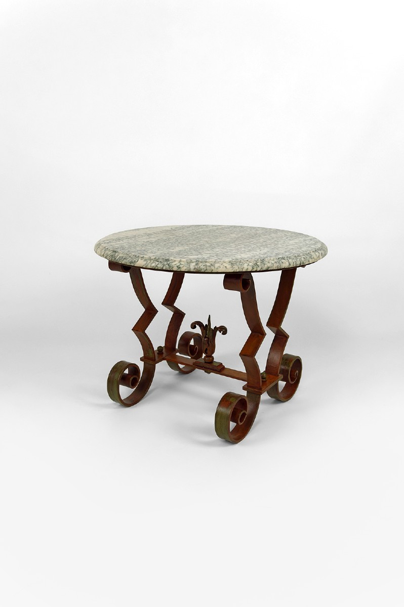 Round Pedestal Table / Art Deco Coffee Table In Marble And Wrought Iron, Circa 1940