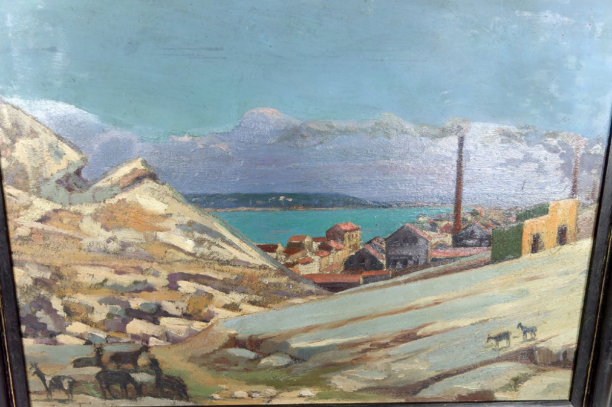 Peinture, Huile Sur Panneau, Ville Côtière Méditerranéenne, France, Circa 1930-photo-2