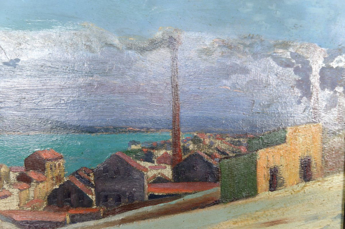 Peinture, Huile Sur Panneau, Ville Côtière Méditerranéenne, France, Circa 1930-photo-2