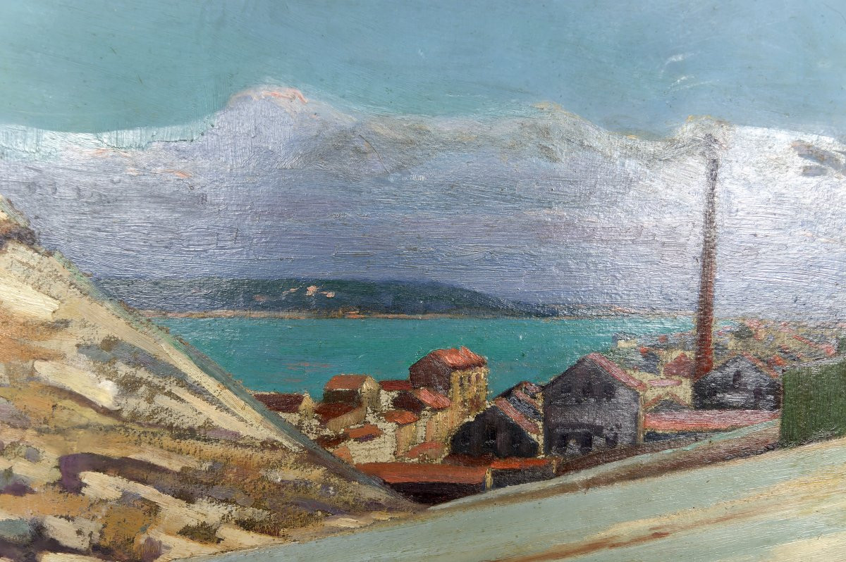 Peinture, Huile Sur Panneau, Ville Côtière Méditerranéenne, France, Circa 1930-photo-4