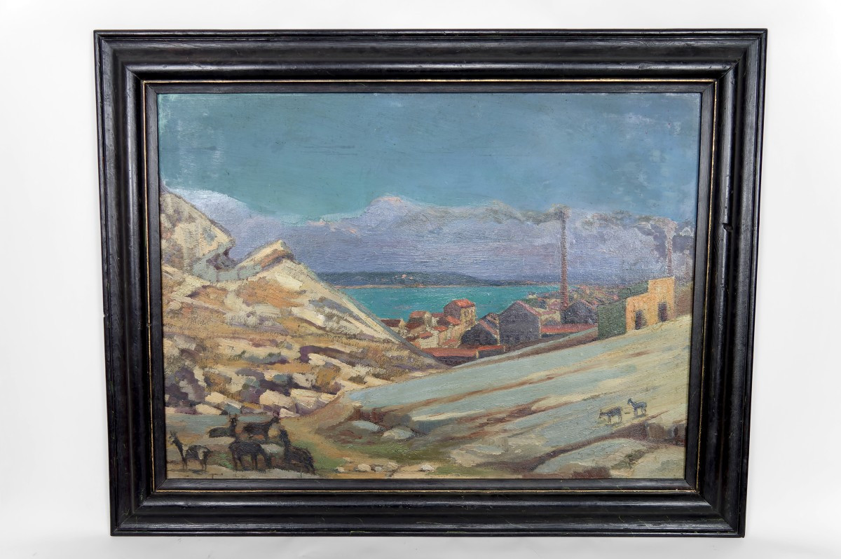 Peinture, Huile Sur Panneau, Ville Côtière Méditerranéenne, France, Circa 1930