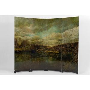 4-leaf Screen With Lacquered Landscape By Bernard Cuenin, Circa 1970