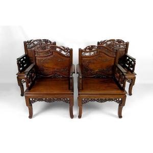 4 Important Asian Armchairs With Bats And Cranes, Indochina Or South China, Circa
