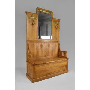 Art Nouveau Safe Bench / Cloakroom In Carved Oak, Italy, Circa 1900