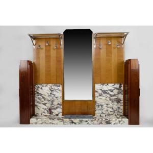 Important Art Deco Cloakroom / Coat Rack In Oak, Marble And Mahogany, Circa 1925